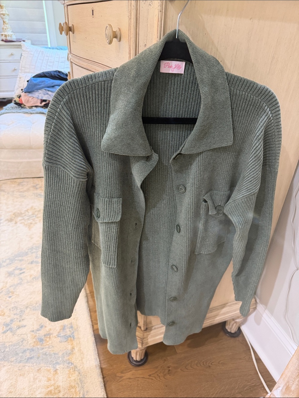 Pink Lily Olive Ribbed Utility Shirt Jacket